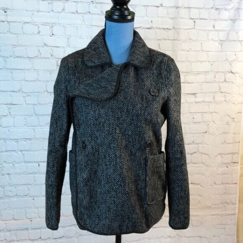 Lucky Brand Jacket Black Tweed Double Breasted Pea Coat Wool Blend XS